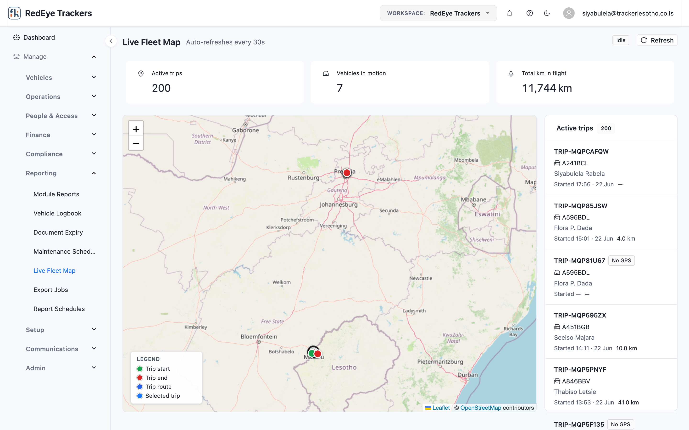Live map showing vehicle positions and trip status