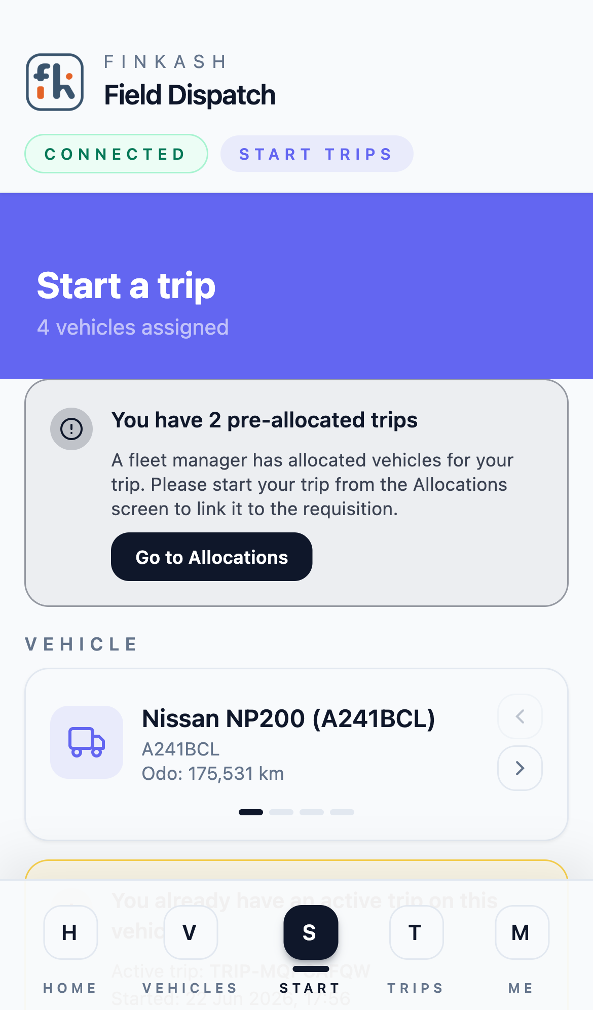 Mobile app pre-trip check screen